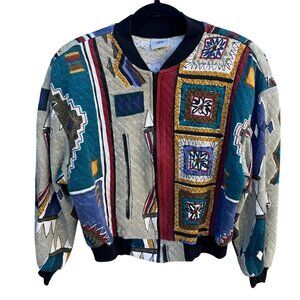 David Wayne Vintage Womens Quilted Geometric Print Retro Bomber Jacket Womens XL